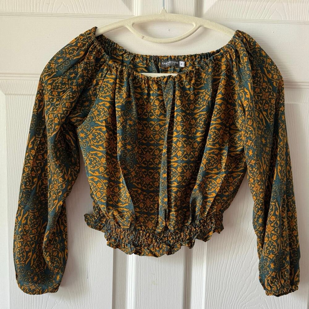 Earthbound Trading Co Boho Festival Crop Top‎ Teal Gold Peasant Size S